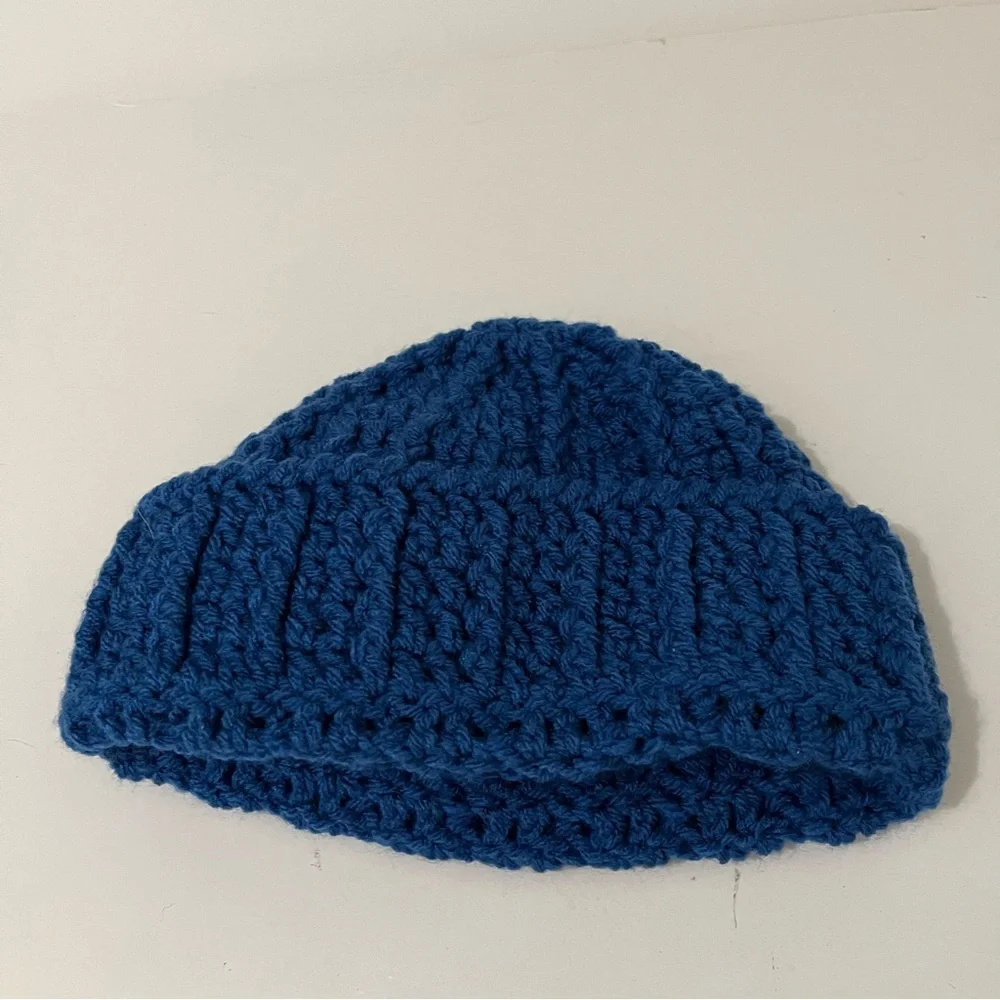 Handmade Blue Red Flower Floral Button Crochet Beanie Hat One Size